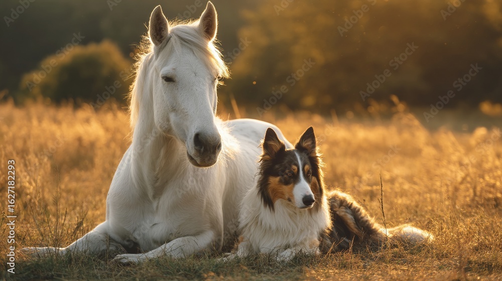 Fototapeta premium White Horse and Collie Dog Resting at Sunset