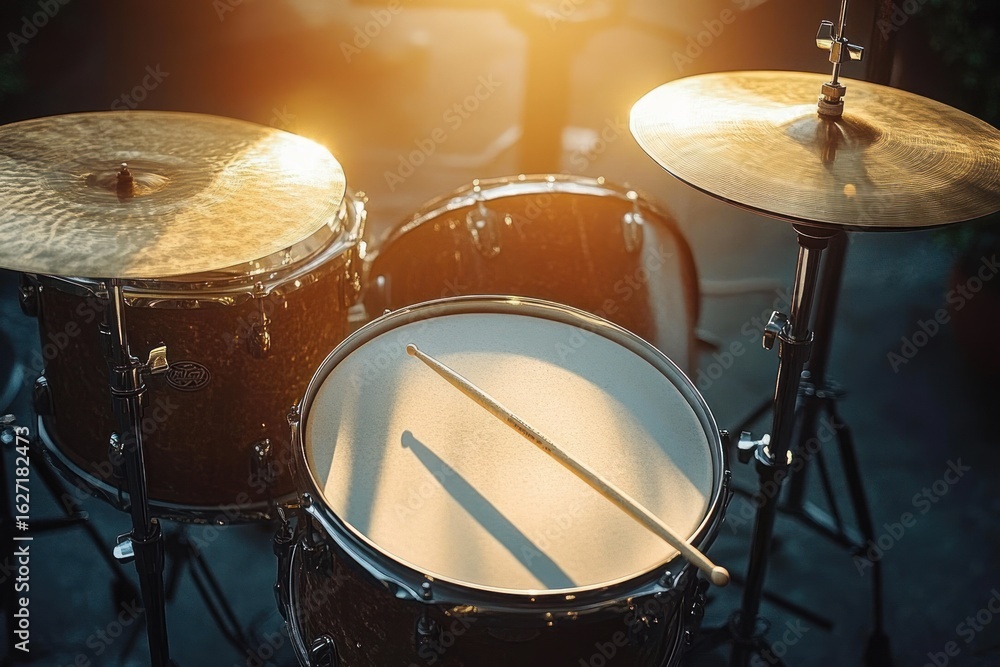 Obraz premium Close-up of a drum set with a drumstick resting on the snare drum, illuminated by warm sunlight creating soft shadows and a cozy atmosphere