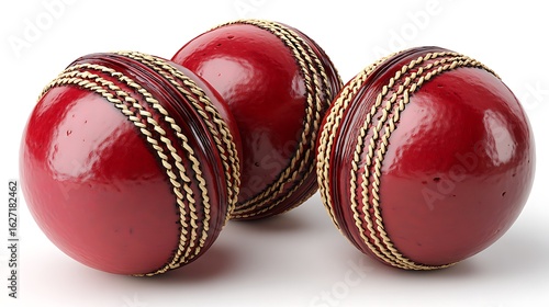 Closeup Three Red Leather Cricket Balls with Beige Stitching on a White Surface