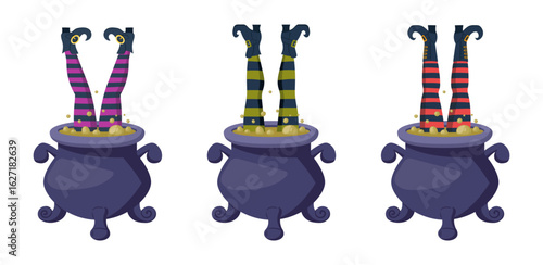 Cartoon funny witch stockings legs. Halloween witch legs sticking out of witchcraft cauldron flat vector illustration set. Droll witch stockings legs in cast iron boiler