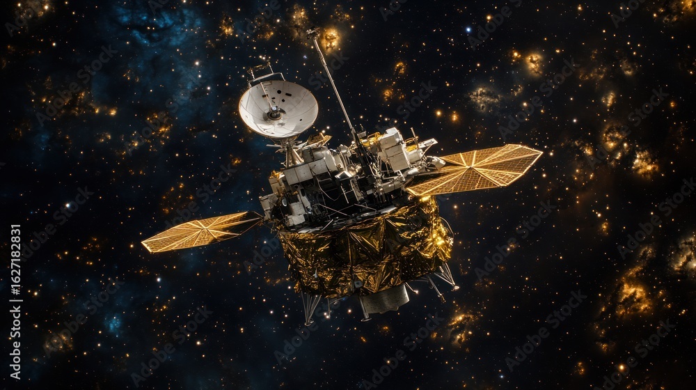 Naklejka premium Spacecraft in deep space, surrounded by stars and nebulae.