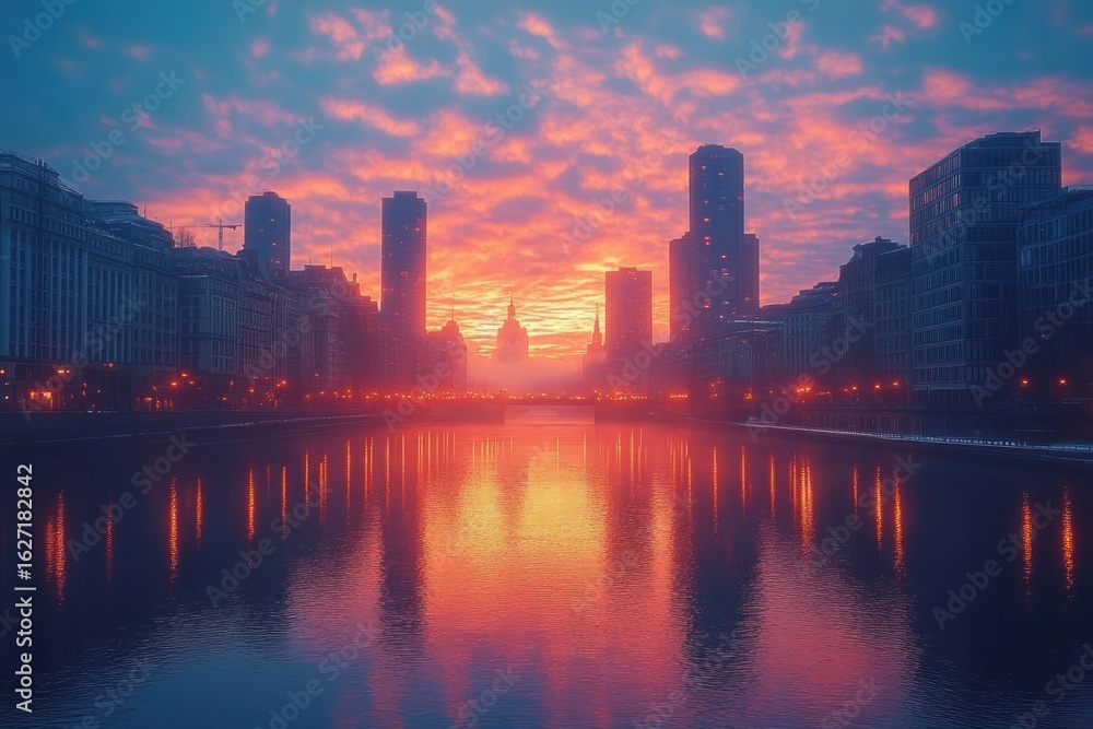 Naklejka premium vibrant sunset casting orange and pink hues over river flanked by illuminated city buildings and silhouetted skyscrapers under dramatic cloud sky