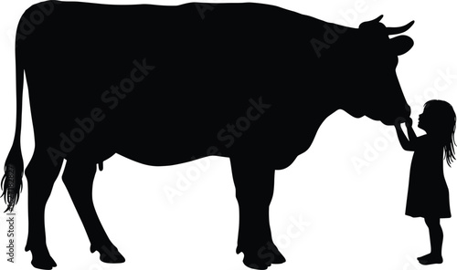 Silhouette of little girl touching cow, child with farm animal, love and care, rural farm life, animal bonding moment
