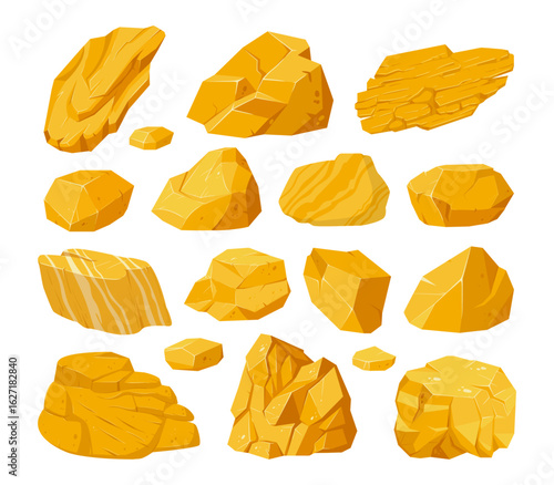 Golden shiny stones. Gold mine nuggets, yellow golden jewel nuggets flat vector illustration set. Cartoon golden treasure rocks collection