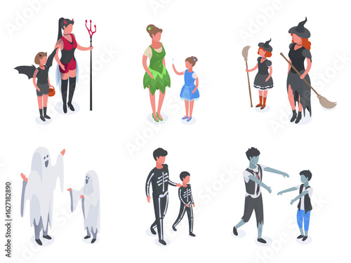Halloween party characters. Isometric ghost, witch and fairy carnival costumes, halloween party masquerade people 3d vector illustration set. People in various costumes