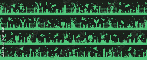Halloween seamless borders. Spooky cemetery decorations, spooky grave stones with crosses, scary trees and ghosts flat vector illustration set. Gloomy landscape silhouettes