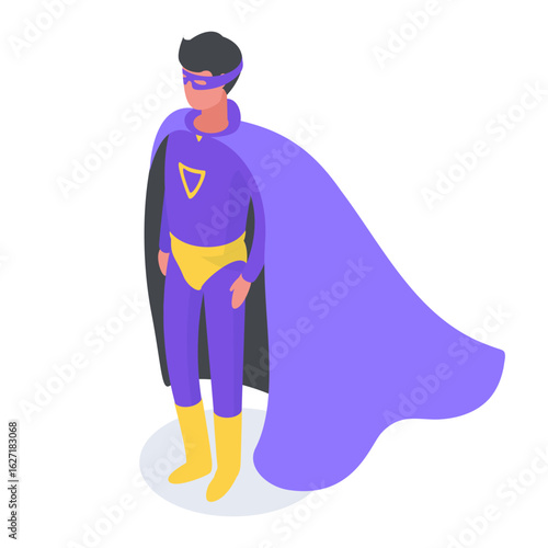 Halloween super hero costume. Isometric character wearing funny masquerade costume, holiday party celebration flat vector illustration. Man in superhero costume
