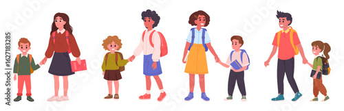 School kids in pairs. Middle and primary school students, elders take younger ones to school flat vector illustration. Siblings going to school