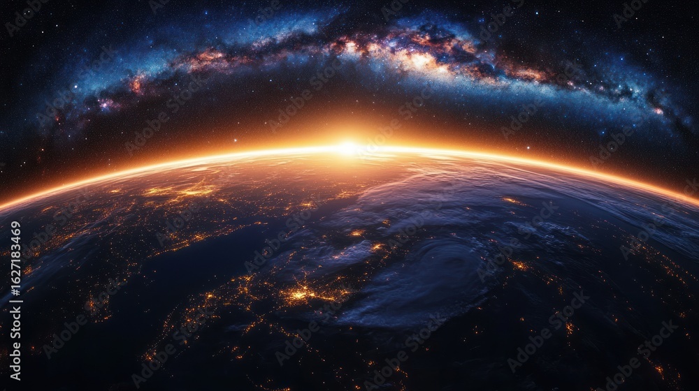 Fototapeta premium Sunrise over Earth from space with illuminated city lights and a vibrant starry galaxy arching across the dark cosmic sky, evoking wonder and awe