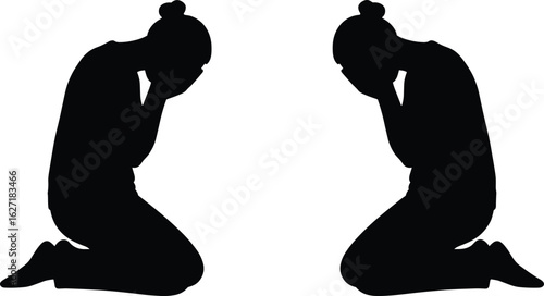 Silhouette of woman kneeling and crying, emotional sadness, grief concept, depression illustration, mental health awareness, sorrow, pain, solitude
