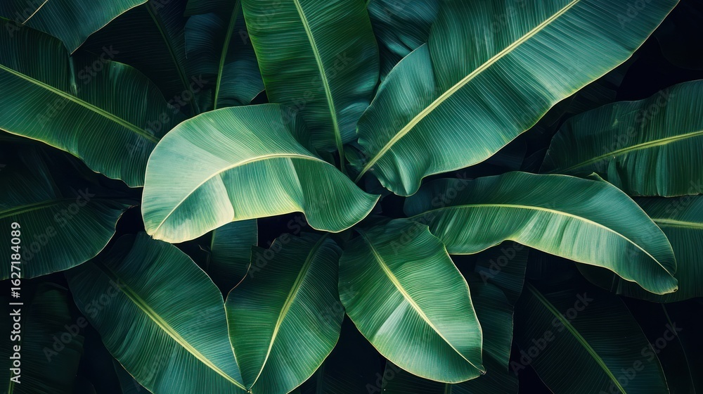Obraz premium Close-up view of lush green tropical banana leaves forming a natural dense pattern with visible veins and textures