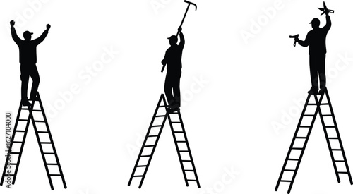 Silhouettes of workers on ladders, construction teamwork, maintenance tasks, safety gear, elevated job site, labor force, industrial effort, tools