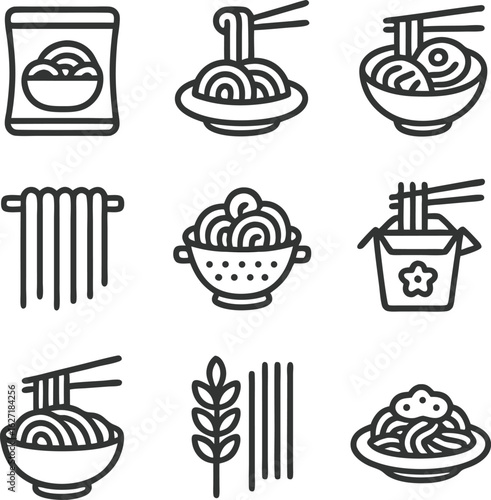 Noodle Icon, Collection of noodle illustrations showcasing diverse preparations and presentations in a simple line art style