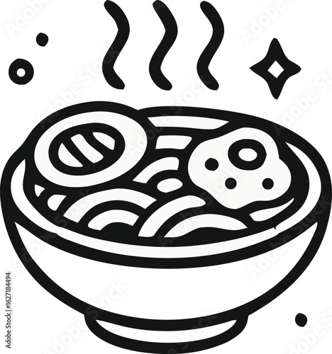 Noodle Icon, Delicious bowl of ramen with egg, noodles, and flavorful broth emits steam in a captivating black and white graphic