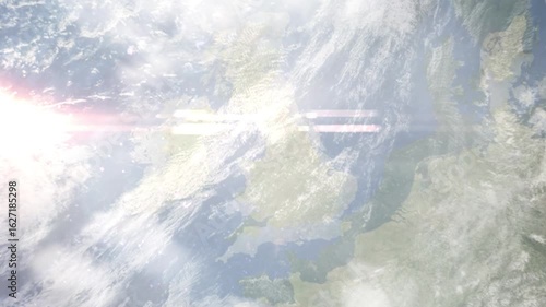 Wallpaper Mural Earth zoom in from space and focus on Wigan, England, North West England, Great Britain. Background for travel intro or blog. Satellite view. 3D style Animation. Images from NASA. Torontodigital.ca