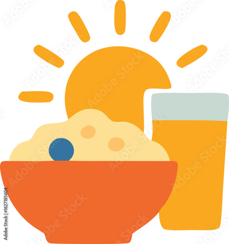 Bright and cheerful breakfast scene featuring a bowl of cereal, juice, and a shining sun