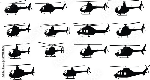 Collection of helicopter silhouettes in various designs, isolated black vector aircraft set, aviation transport icons for military and civilian use