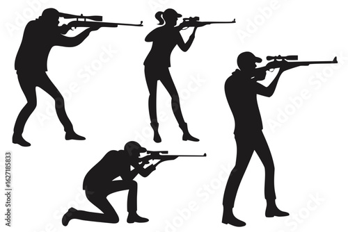A diverse collection of shooter silhouettes in various tactical poses. Vector set showing men and women aiming scoped rifles for sport or hunting.