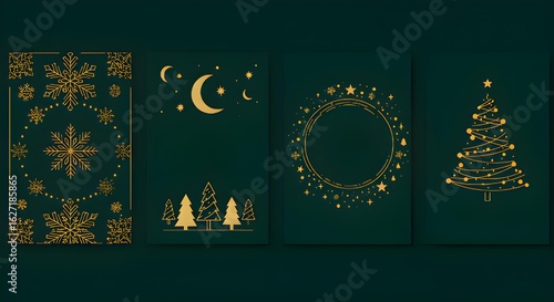 Elegant gold holiday cards on a deep green background for Christmas greetings and winter celebrations