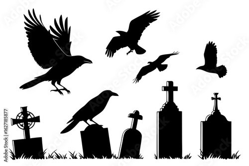 A haunting collection of black silhouettes featuring crows, ravens, and cemetery gravestones for a spooky Halloween or gothic horror theme.