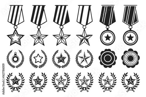 Monochrome vector icon set of military awards, honor medals, and victory emblems. A collection of star and laurel wreath symbols for achievement concepts.