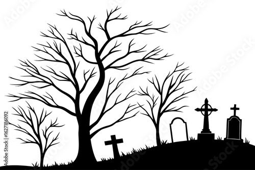 Eerie graveyard landscape with gothic tombstones and a large leafless tree. A spooky silhouette for Halloween.