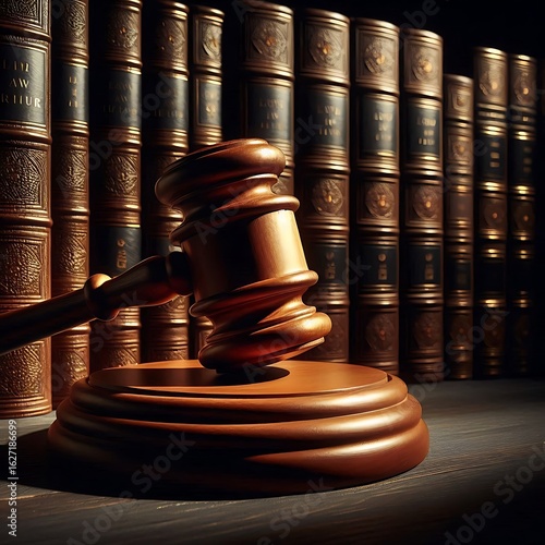 A noble wood gavel rests on a sound block in front of a perfectly aligned row of thick, leather-bound law books.