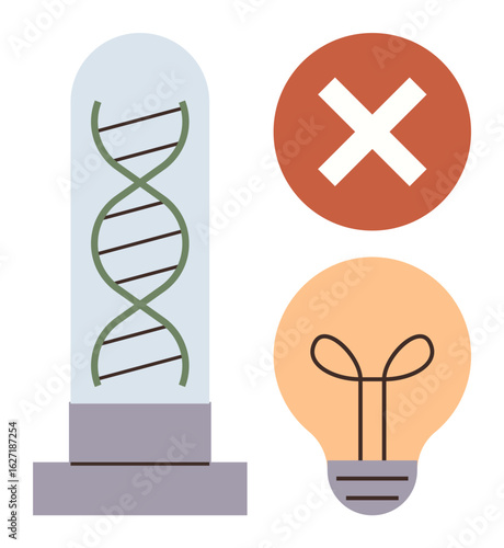 DNA strand in a protective glass tube with a lightbulb symbolizing innovation, and a red cross denoting prohibition or caution. Ideal for biotechnology, medical ethics, innovation, science, research