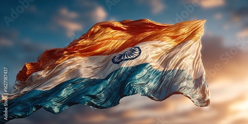 Waving Indian flag against blue cloudy sky, background with space for your message