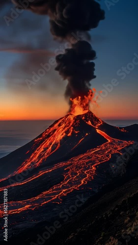 Realistic Video of Volcano Eruption with Flowing Lava at Sunset