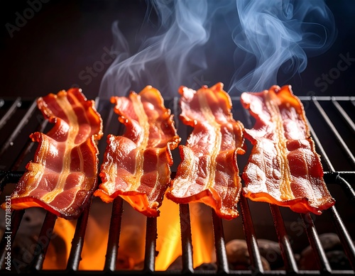 Crispy bacon grilling over charcoal flames
