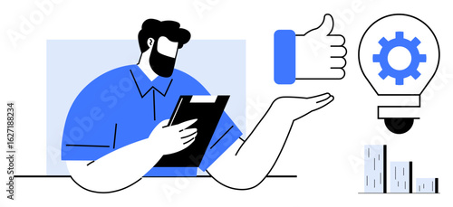 Man holding a tablet assessing concepts, accompanied by a lightbulb with gear, thumbs-up icon, and bar graphs. Ideal for innovation, decision-making, productivity, feedback, evaluation business