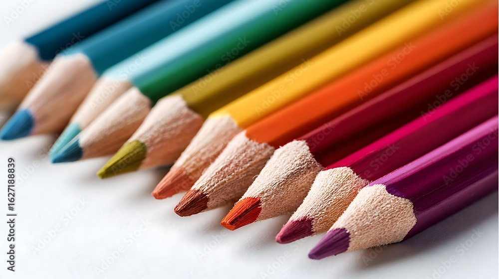 Obraz premium Colorful Row of Pointed Color Pencils Forming a Rainbow Spectrum Closeup Shot