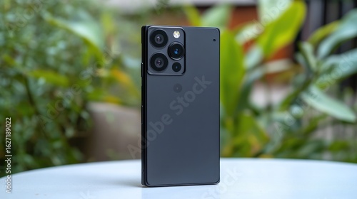 Sleek black smartphone with triple-lens camera rests on a white table outdoors.