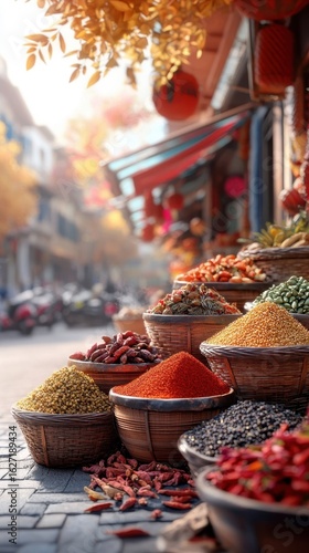 Spices in Baskets at Market Stall