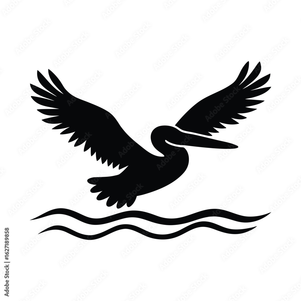 Obraz premium Black silhouette of a pelican flying over wavy water bird wave