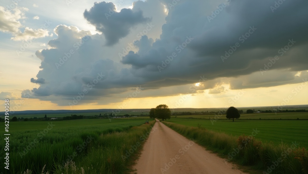 Obraz premium Dirt Road Leads Through Green Fields Towards a Dramatic Cloudy Sky
