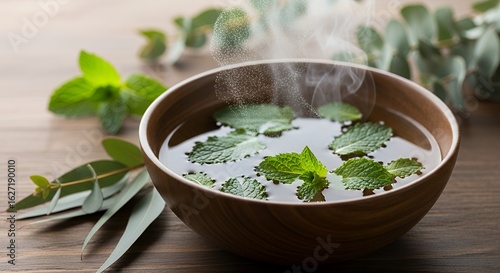 steaming mint tea in wooden bowl with herbs