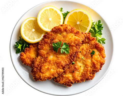 Crispy breaded chicken cutlets with lemon slices