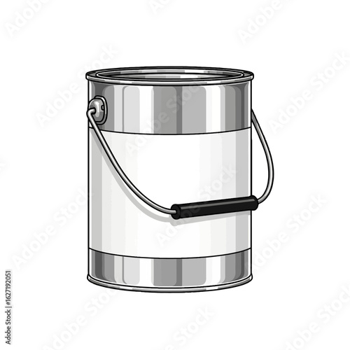 A metallic paint can with a blank label and handle, depicted in a simple, graphic style.