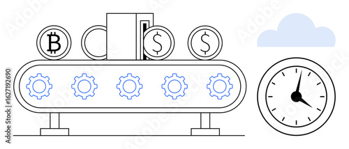 Conveyor belt with gears moving cryptocurrency and dollar coins. Clock and cloud emphasize efficiency, automation, and time. Ideal for finance, technology, productivity, investment, blockchain