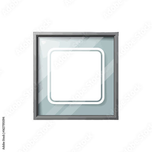 A square window with a white inner shape and a grey frame.