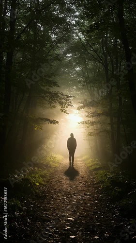 Silhouette Person Walks Forest Path With Sunlight And Fog Background