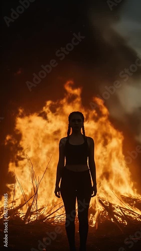 Silhouette Woman Standing Near Bonfire During Night with AI Defect