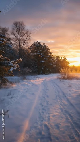 Snowy Landscape Path Through Winter Trees at Sunset
