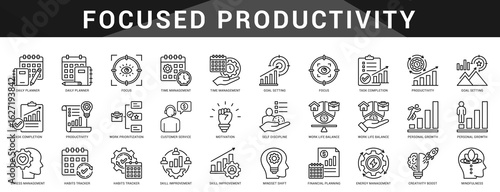 Icons to boost productivity with goal setting, planning, motivation, focus, and balance for peak personal performance.