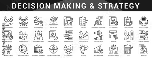A strategic set of icons focused on decision making, compliance, escalation, and data driven frameworks.