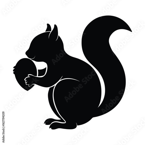 Black silhouette of a squirrel holding a nut on a white background acorn