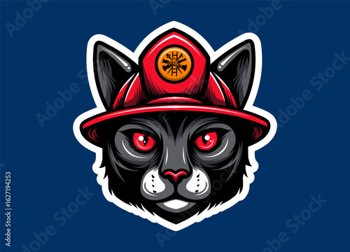 Bold cat mascot head wearing a firefighter helmet, combining courage and cuteness, ideal for logos, team branding, rescue themes, and heroic animal-themed vector illustrations.