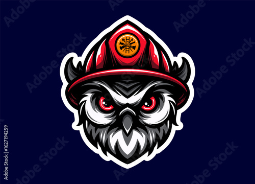 Owl mascot head wearing a firefighter helmet, symbolizing wisdom, bravery, and protection. Ideal for logos, badges, team identity, safety campaigns, and heroic-themed vector illustrations